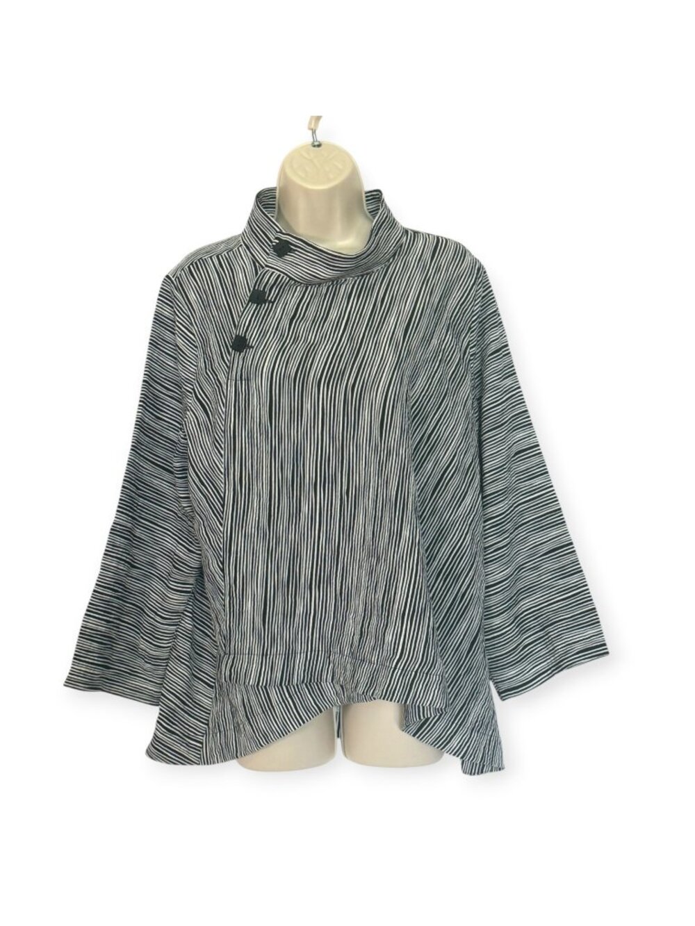 Habitat Mandarin Tunic Top L Black White Stripe Asymmetrical Lagenlook